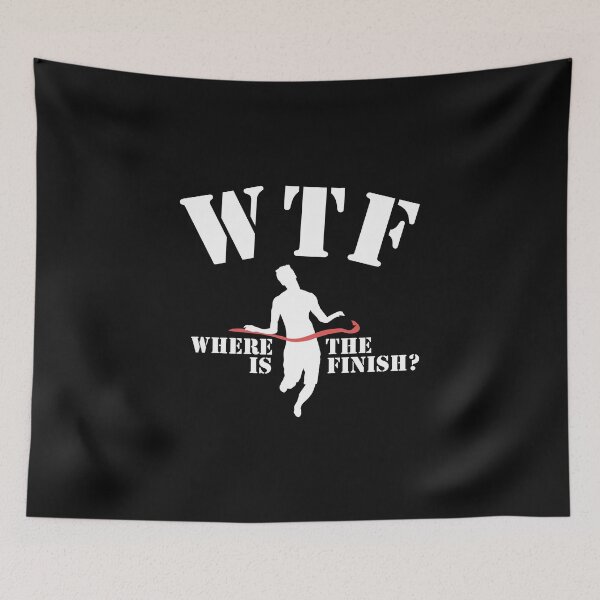 Item preview, WTF Running PUN Where's The Finish funny marathon running graphic with red ribbon finishing runner designed and sold by alenaz.