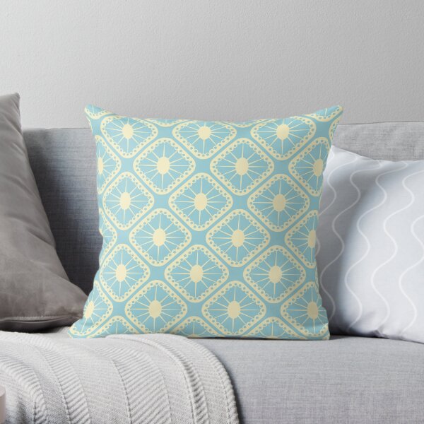 Pastel Blue and Yellow Mid-Century Modern Sunburst Tiles Throw Pillow