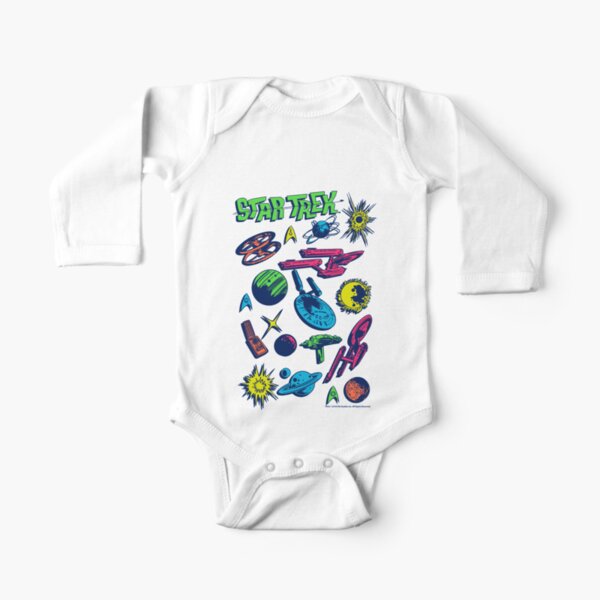 Star Trek Ships And Planets Neon Retro Collage Long Sleeve Baby One-Piece