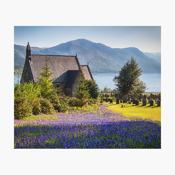 Bluebells at Ballachulish and St John's Church. Photographic Print