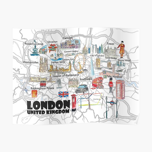 London UK illustrated travel poster favorites map Tourist Highlights Poster