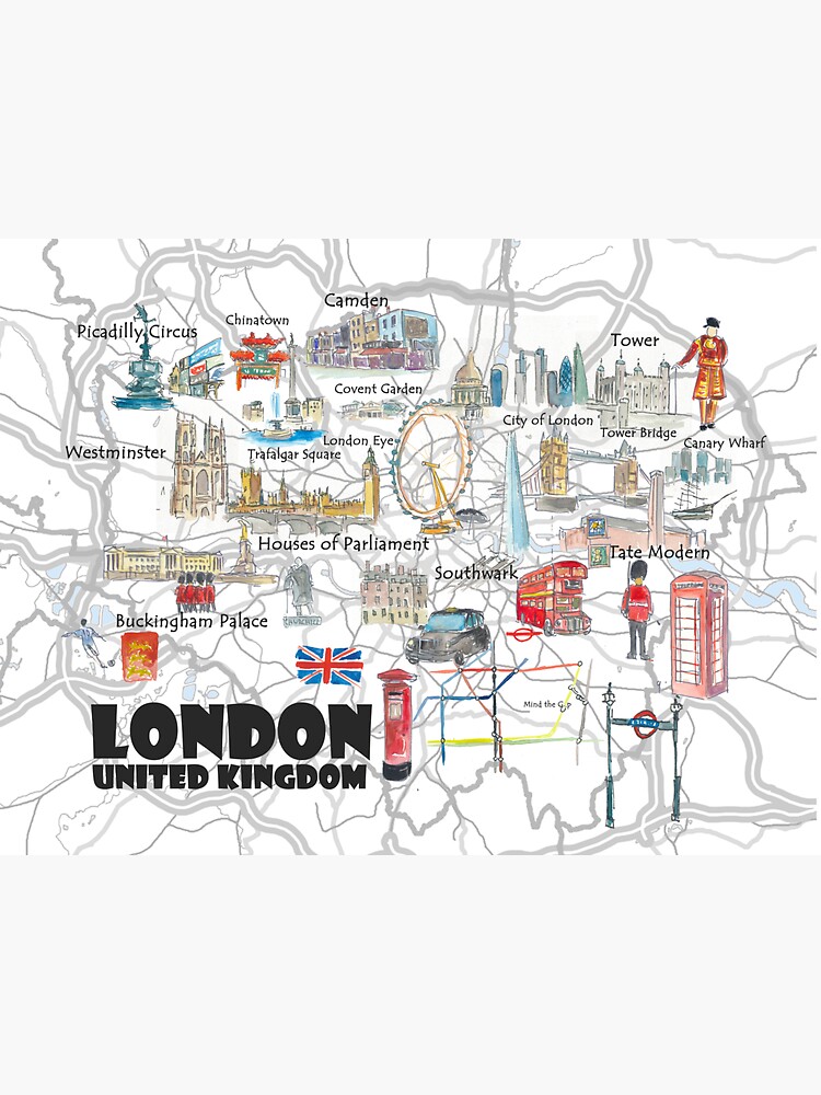 Discover London UK illustrated travel poster favorites map Tourist Highlights Sticker