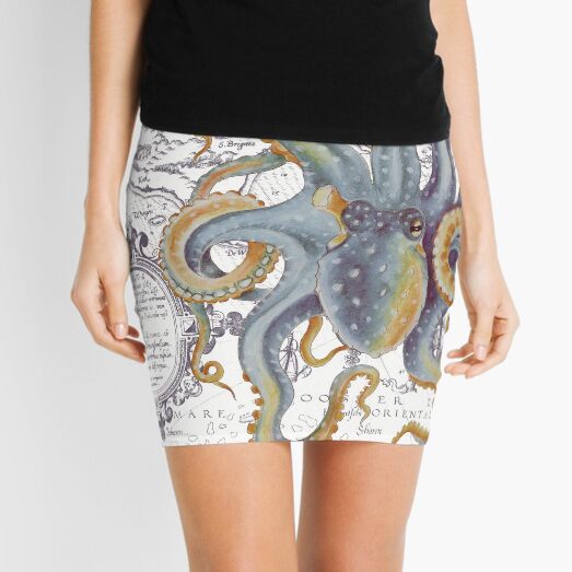 Octopus Steel Blue Vintage Map Watercolor Ink Art Mini Skirt