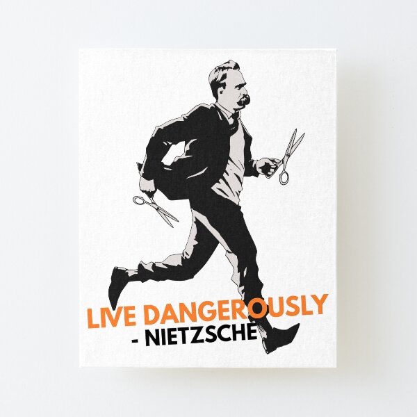 corre con tijeras. "- Friedrich Nietzsche. Un diseño y una obra de arte originales de PhilosophyShirts.com. Vive peligrosamente con esta obra humorística sobre la famosa cita de Nietzsche. Lámina montada de lienzo