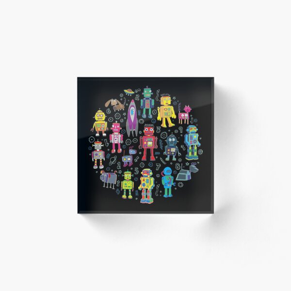 Robots in Space - black - fun pattern by Cecca Designs Acrylic Block