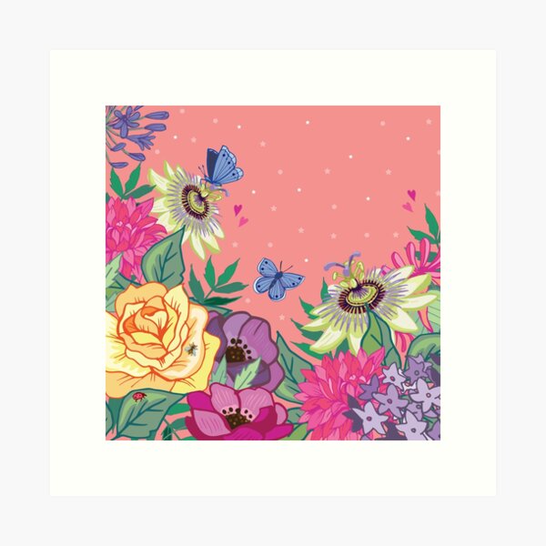 Spring Garden on Coral Art Print
