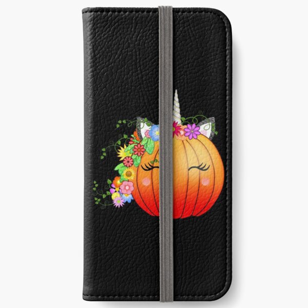 Kawaii Unicorn Pumpkin after hours (Black Background) iPhone Wallet