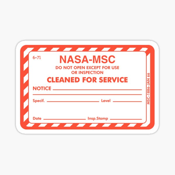 Vista previa del artículo con la obra «Etiqueta de certificación de la NASA "Limpiado para servicio"», diseñado y vendido por kuroderuta.