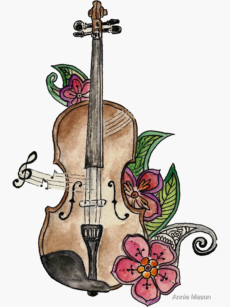 Thumbnail 3 of 3, Sticker, Violin and Flowers designed and sold by Annie Mason.