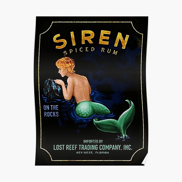 Vintage Siren "Mermaid" Lost Reef Key West Spiced Rum Lithograph Wall Art Poster