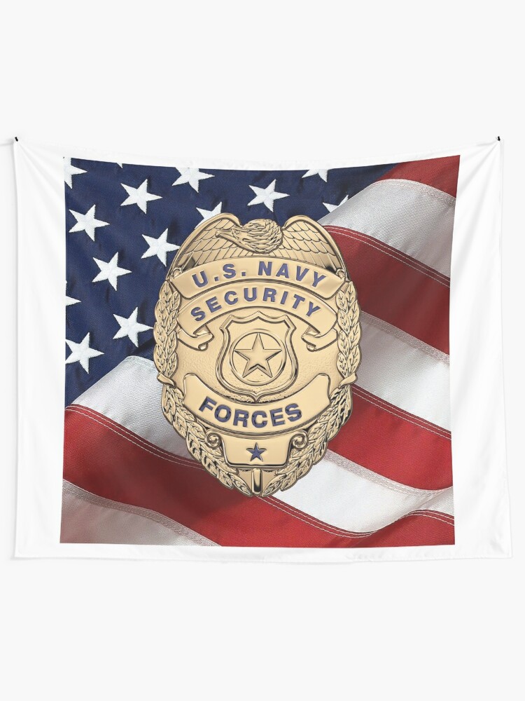 U S Navy Security Forces Master At Arms Ma Badge Over American Flag Tapestry By Captain7 Redbubble