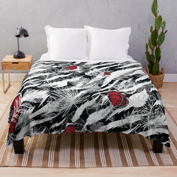 Item preview, Red Butterflies Gone Wild Black White Stripes Tropical Leaf Pattern designed and sold by ClaudiaFlores.