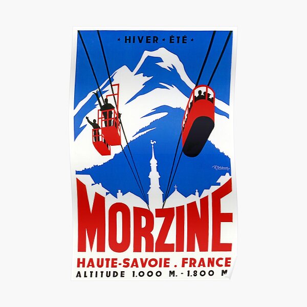 Vintage French Alps Gondola Winter sport ski ad Poster