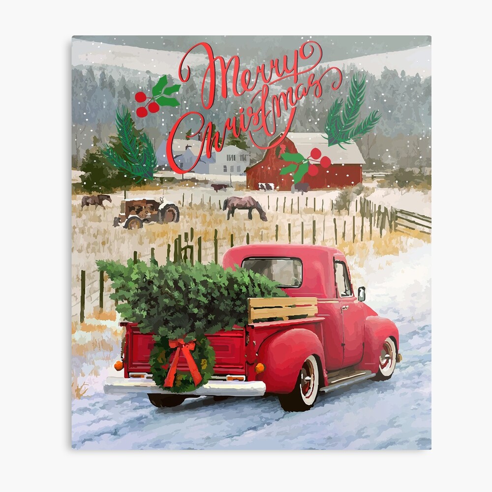 vintage metal red truck with christmas tree