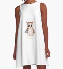 A cute owl holding a cup and a newspaper A-Line Dress