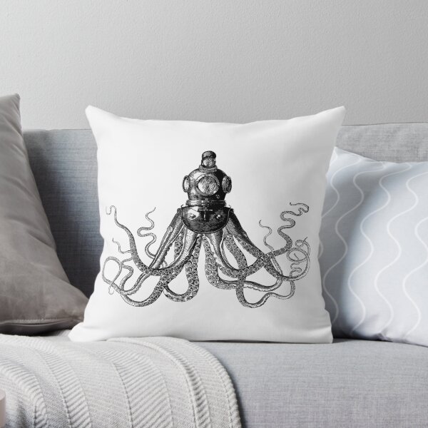 Octopus in Diving Helmet | Deep Sea Divers Helmet | Vintage Octopus | Tentacles | Black and White | Throw Pillow