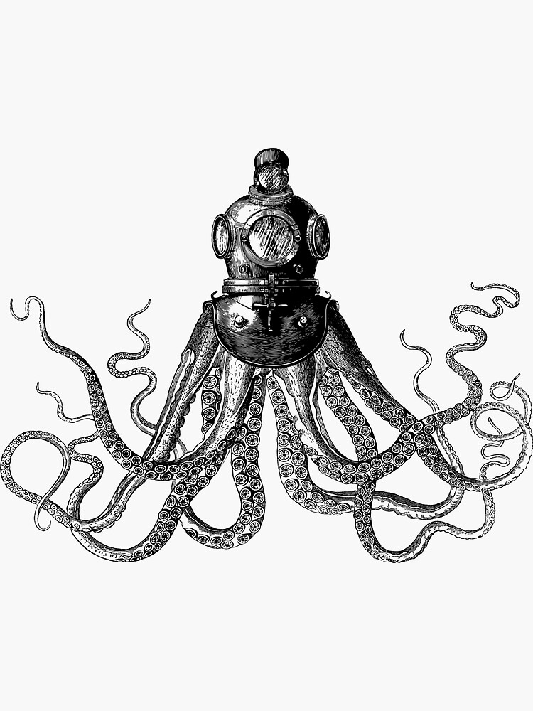 "Octopus in Diving Helmet Deep Sea Divers Helmet Vintage Octopus