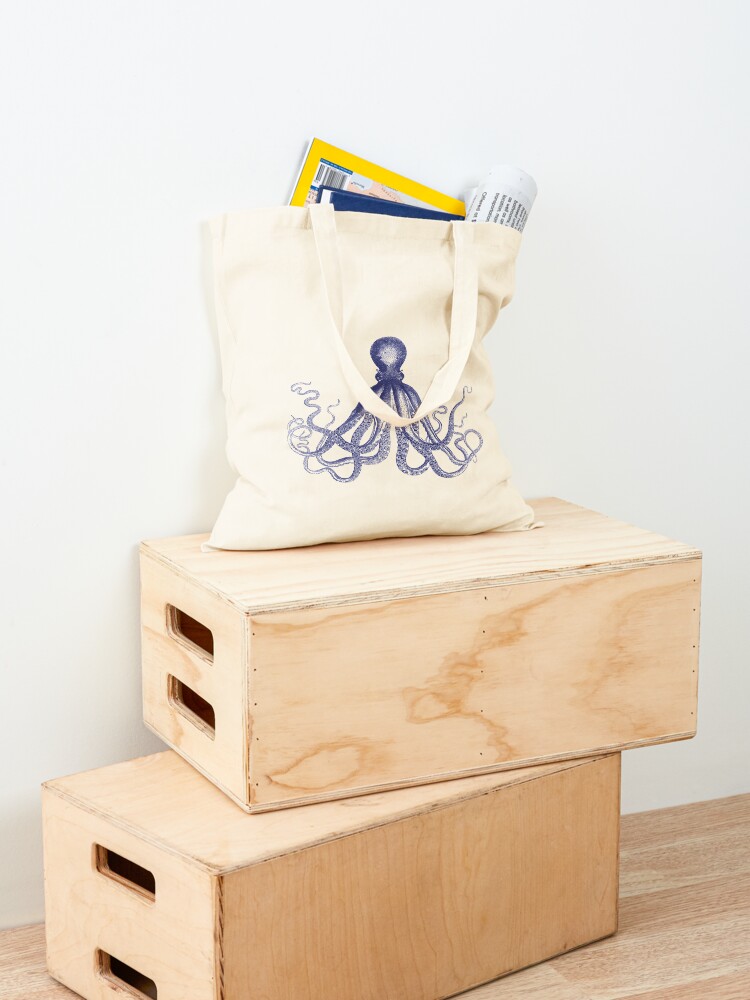 Alternative Ansicht von Krake | Weinlese-Krake | Tentakeln | Meeresbewohner | Nautik | Ozean | Meer | Strand | Marineblau und Weiß | Stofftasche
