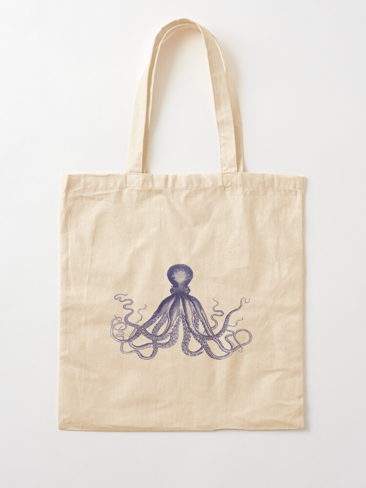 Alternative Ansicht von Krake | Weinlese-Krake | Tentakeln | Meeresbewohner | Nautik | Ozean | Meer | Strand | Marineblau und Weiß | Stofftasche