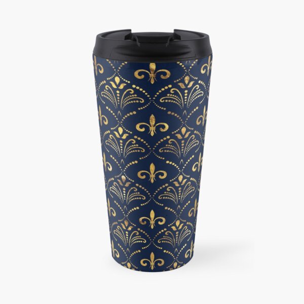 Elegant Fleur-de-lis pattern - Gold and deep blue Travel Coffee Mug