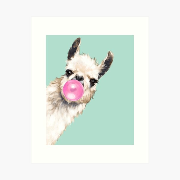 Bubble Gum Sneaky Llama in Green Art Print