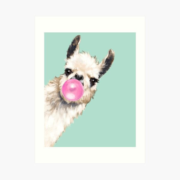 Bubble Gum Sneaky Llama in Green Art Print