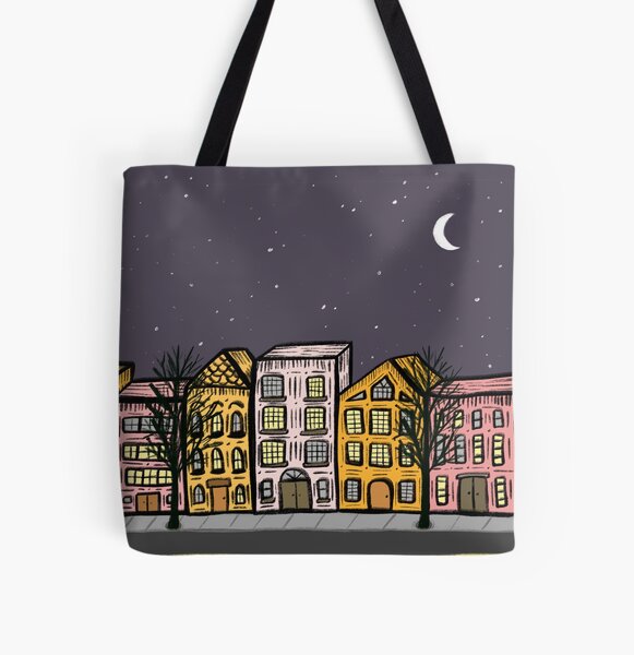 Cute Night City Street Buildings All Over Print Tote Bag