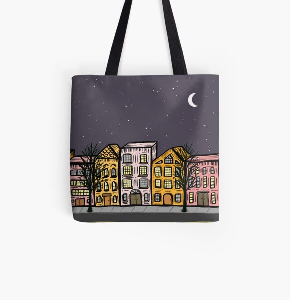 Cute Night City Street Buildings All Over Print Tote Bag