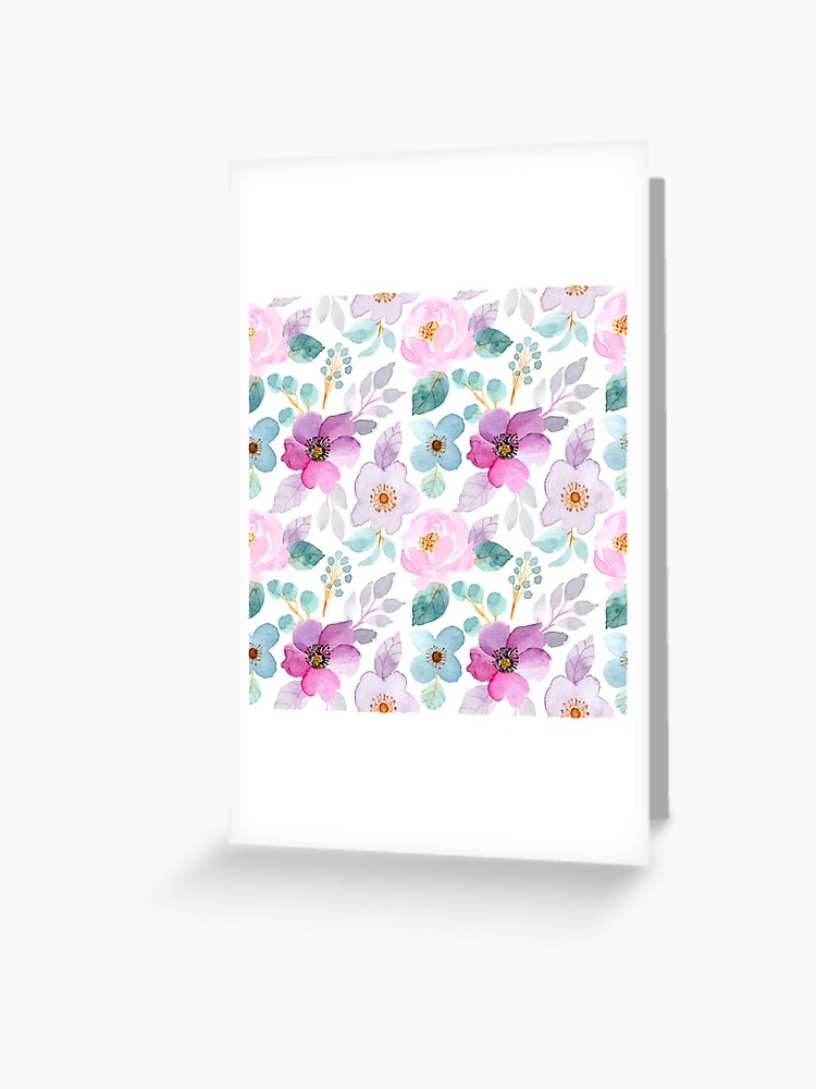 Tarjetas de felicitación «Patrón botánico de flores pintadas con acuarelas  en tonos lilas, rosas y azules» de Kanae19 | Redbubble