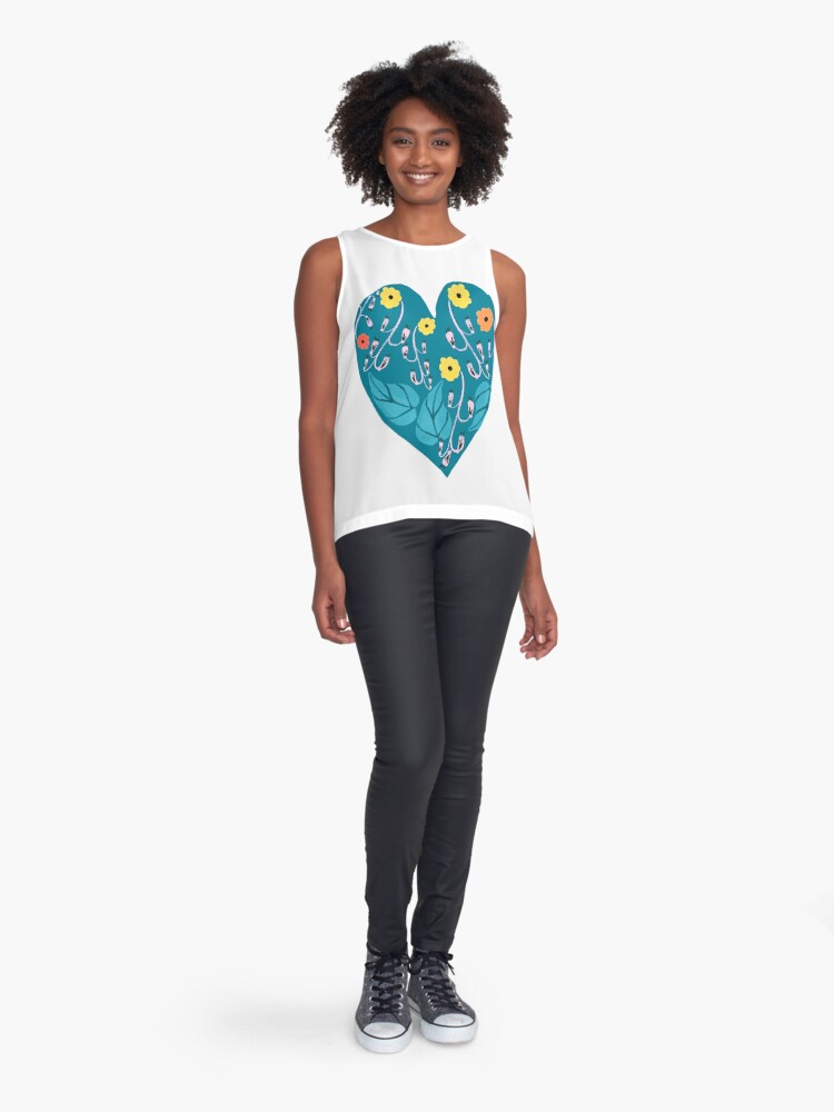 Alternate view of A heart shaped motif with yellow,red and orange flowers and aqua green leaves. Sleeveless Top