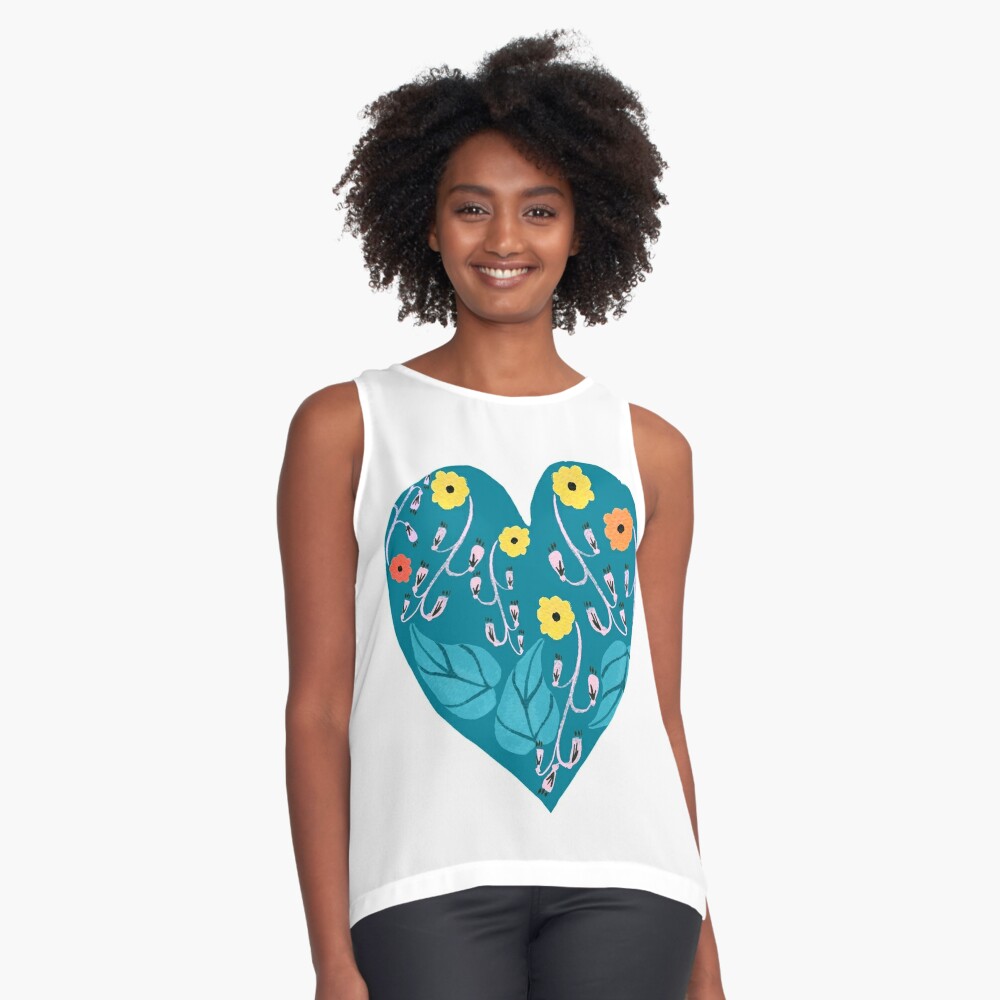 A heart shaped motif with yellow,red and orange flowers and aqua green leaves. Sleeveless Top