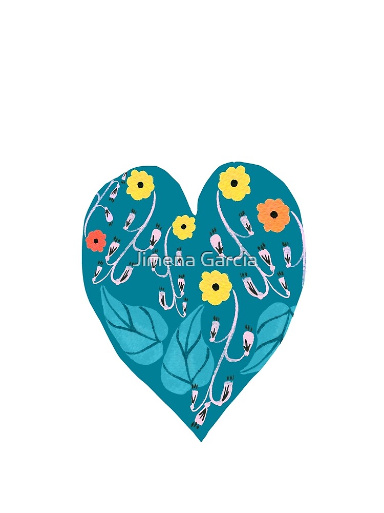 Artwork view, A heart shaped motif with yellow,red and orange flowers and aqua green leaves. designed and sold by Jimena Garcia