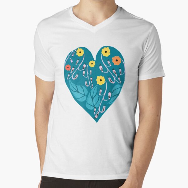 A heart shaped motif with yellow,red and orange flowers and aqua green leaves. V-Neck T-Shirt