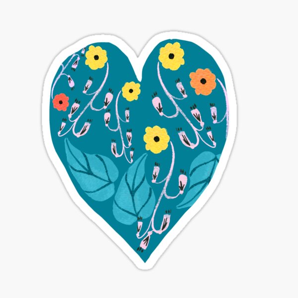 A heart shaped motif with yellow,red and orange flowers and aqua green leaves. Sticker