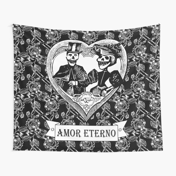 Amor Eterno | Eternal Love | Day of the Dead | Dia de los Muertos | Skulls and Skeletons | Vintage Skulls | Vintage Skeletons | Black and White | Tapestry