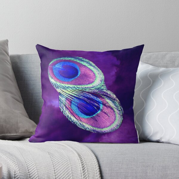 Peacock Feather and Purple Sky Throw Pillow