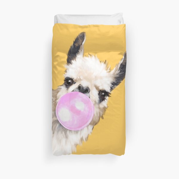 Bubble Gum Sneaky Llama in Mustard Yellow Duvet Cover