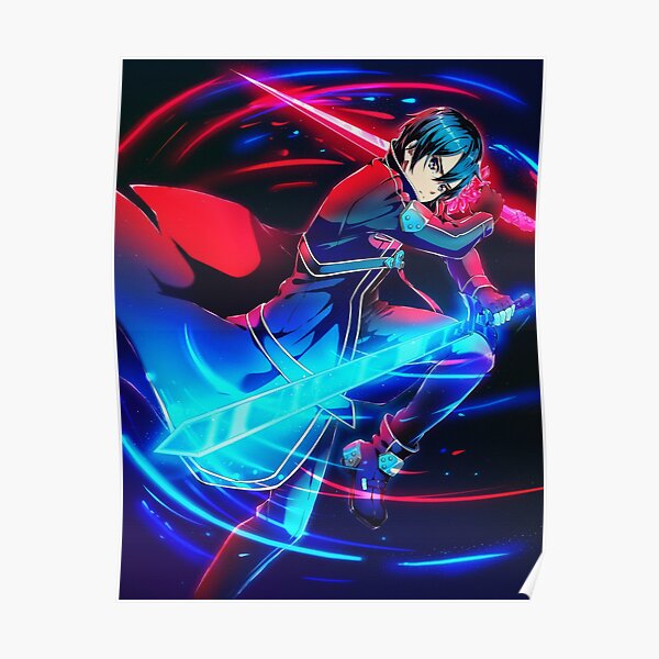 A cool anime character with blue and red swords Poster