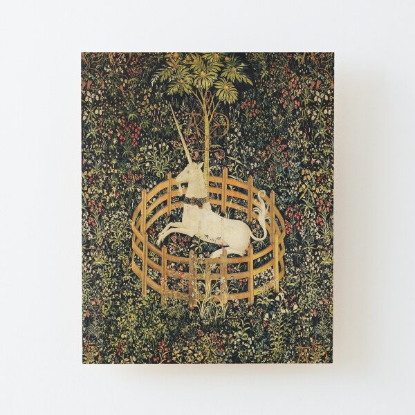 UNICORN AND GOTHIC FANTASY FLOWERS, GREEN FLORAL MOTIFS Wood Mounted Print