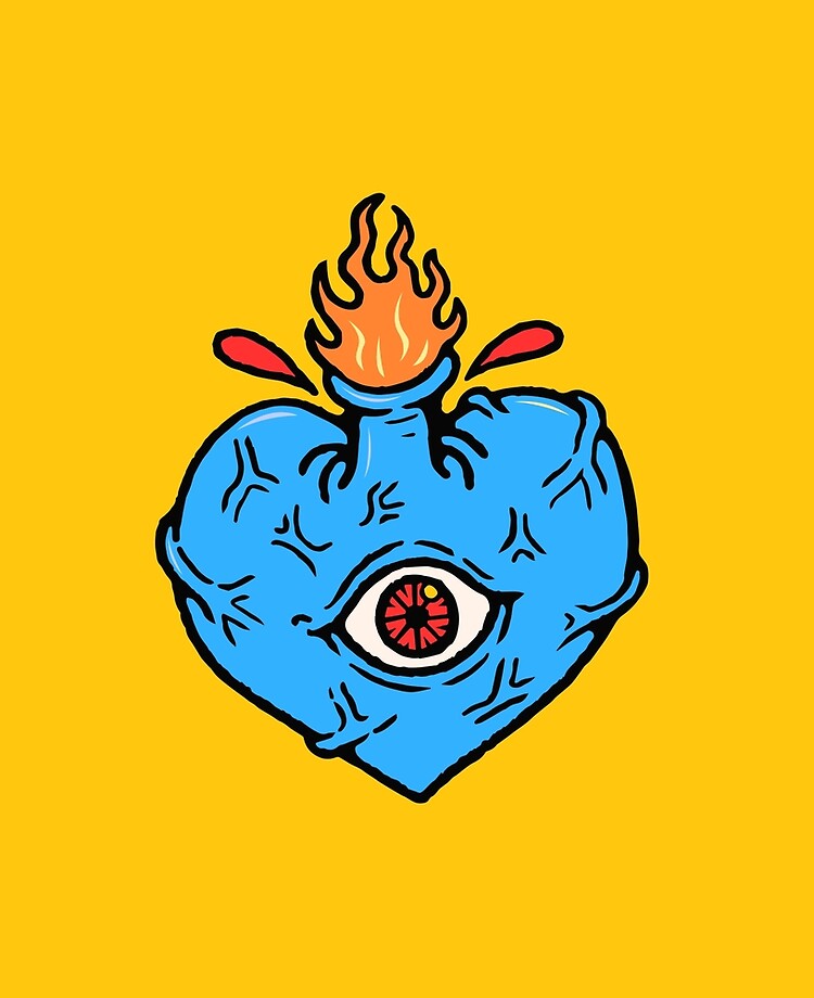 Old school drawing of a heart with an eye on fire