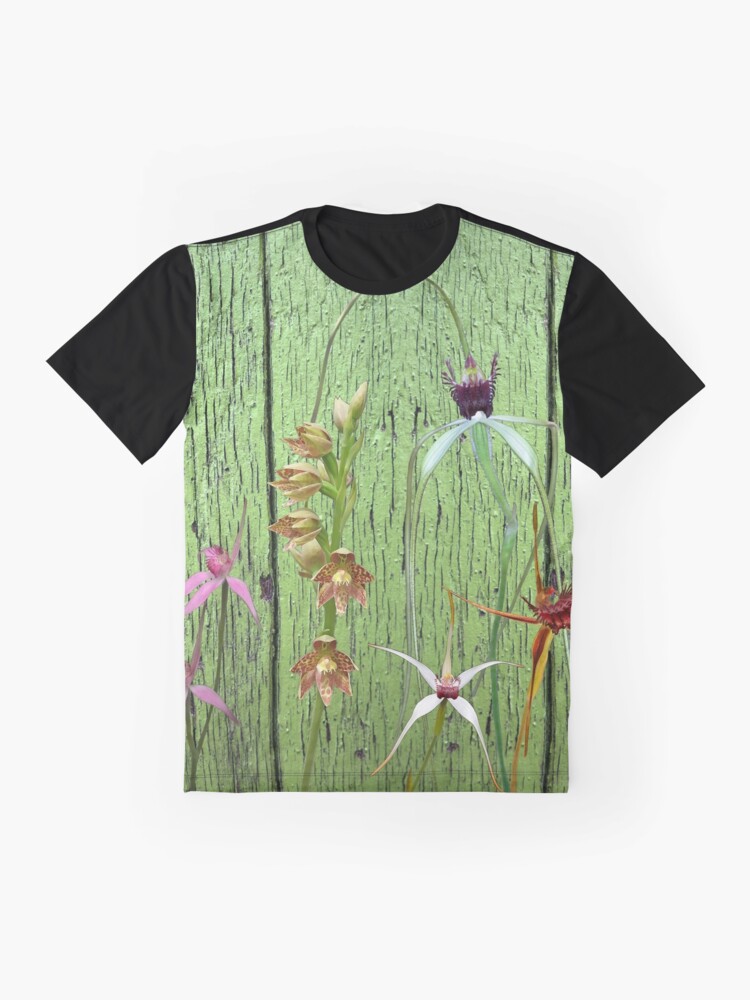 Alternate view of Cerise Spider Orchid on Green Painted Wall, native orchids of Western Australia. Graphic T-Shirt