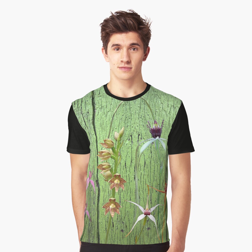 Cerise Spider Orchid on Green Painted Wall, native orchids of Western Australia. Graphic T-Shirt