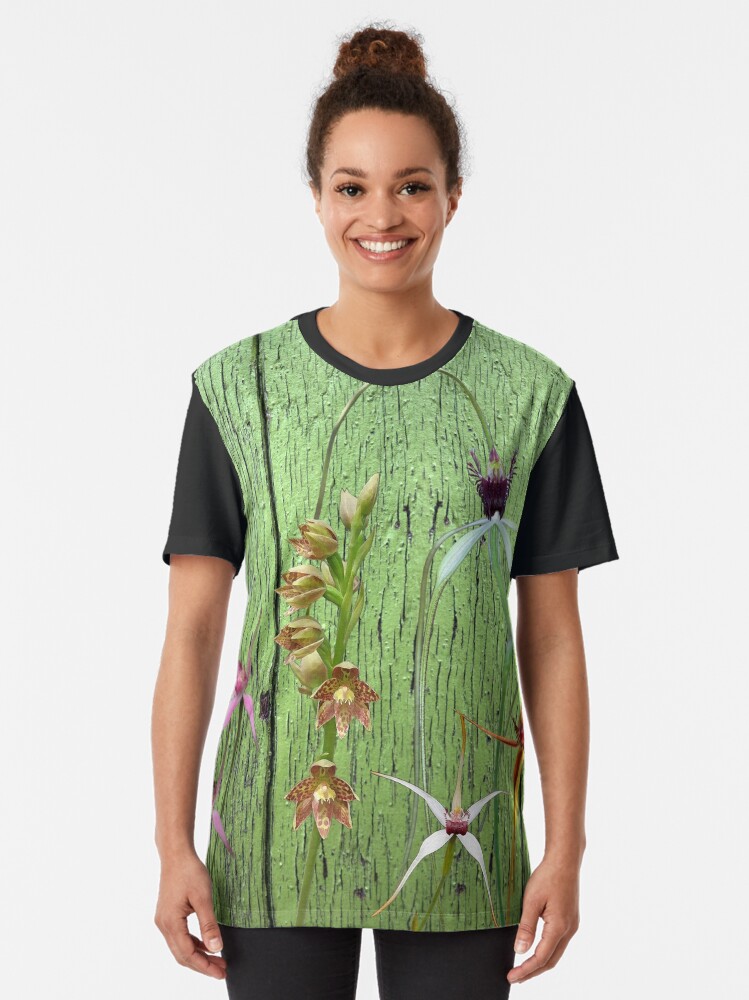 Alternate view of Cerise Spider Orchid on Green Painted Wall, native orchids of Western Australia. Graphic T-Shirt