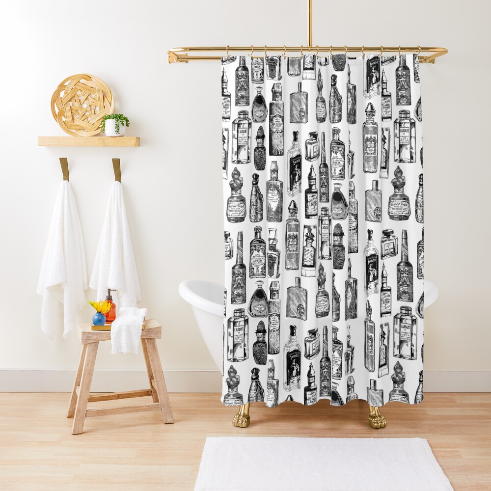 "French Perfume Bottles Vintage Bottles " Shower Curtain for Sale by