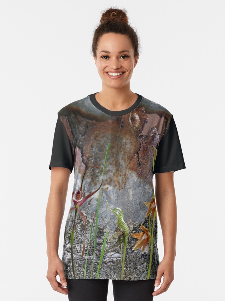Alternate view of Rusty Spider & Orchids with Rusty Tin, native orchids of Australia. Graphic T-Shirt