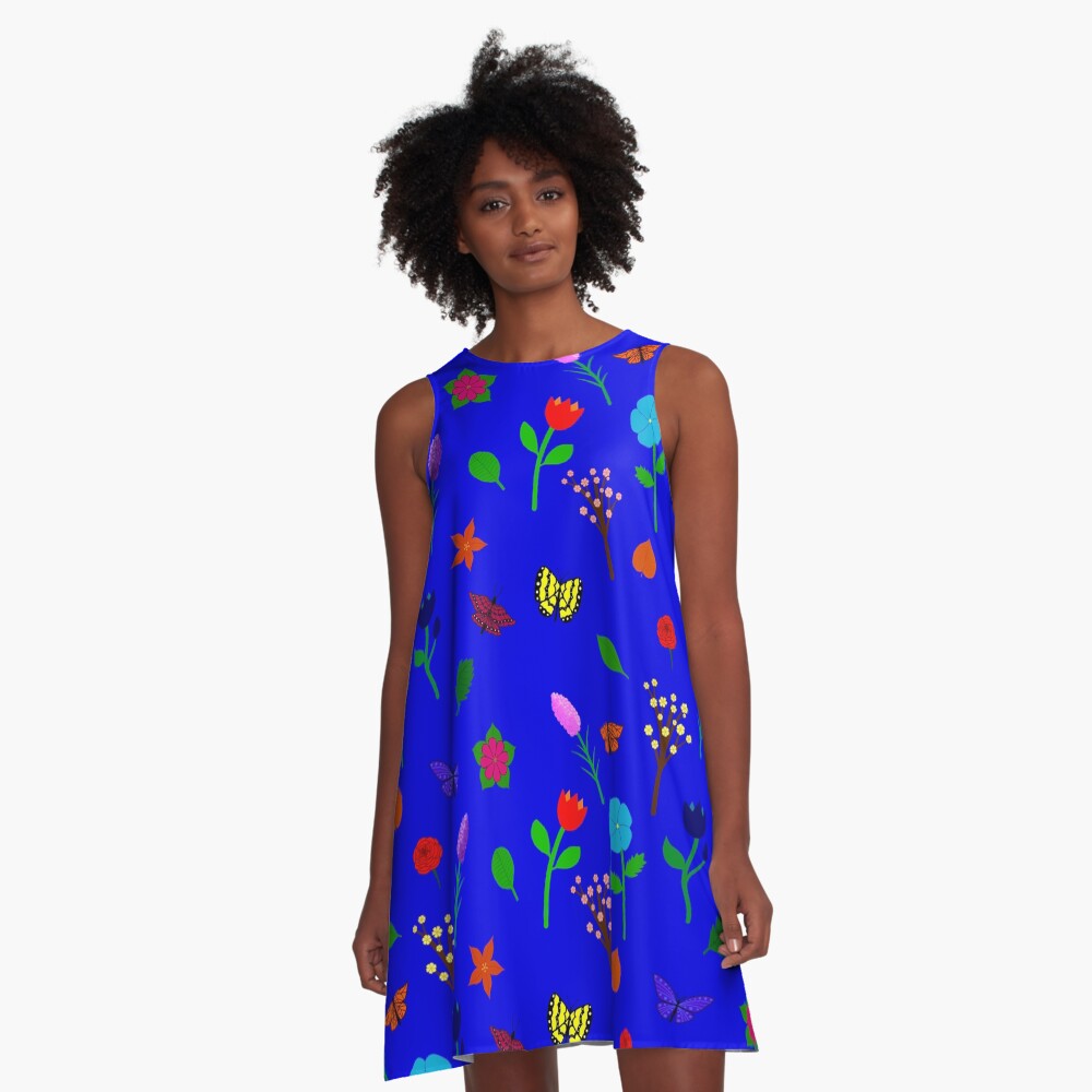 Scattered Flowers and Butterflies, blue background A-Line Dress