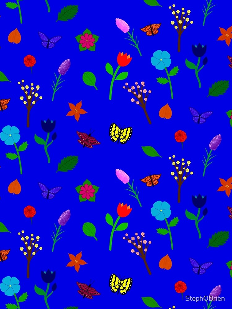 Scattered Flowers and Butterflies, blue background by StephOBrien
