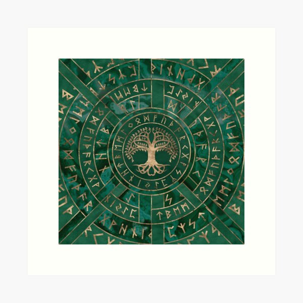 Baum des Lebens - Yggdrasil und Futhark - Malachit Kunstdruck