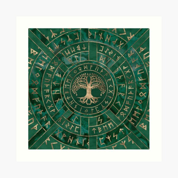 Árbol de la vida -Yggdrasil y Futhark - Malaquita Lámina artística