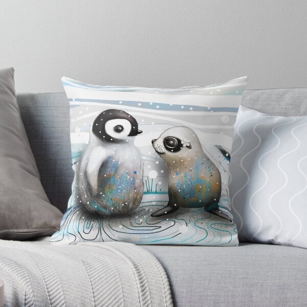 Penguin Chick and Baby Seal Throw Pillow